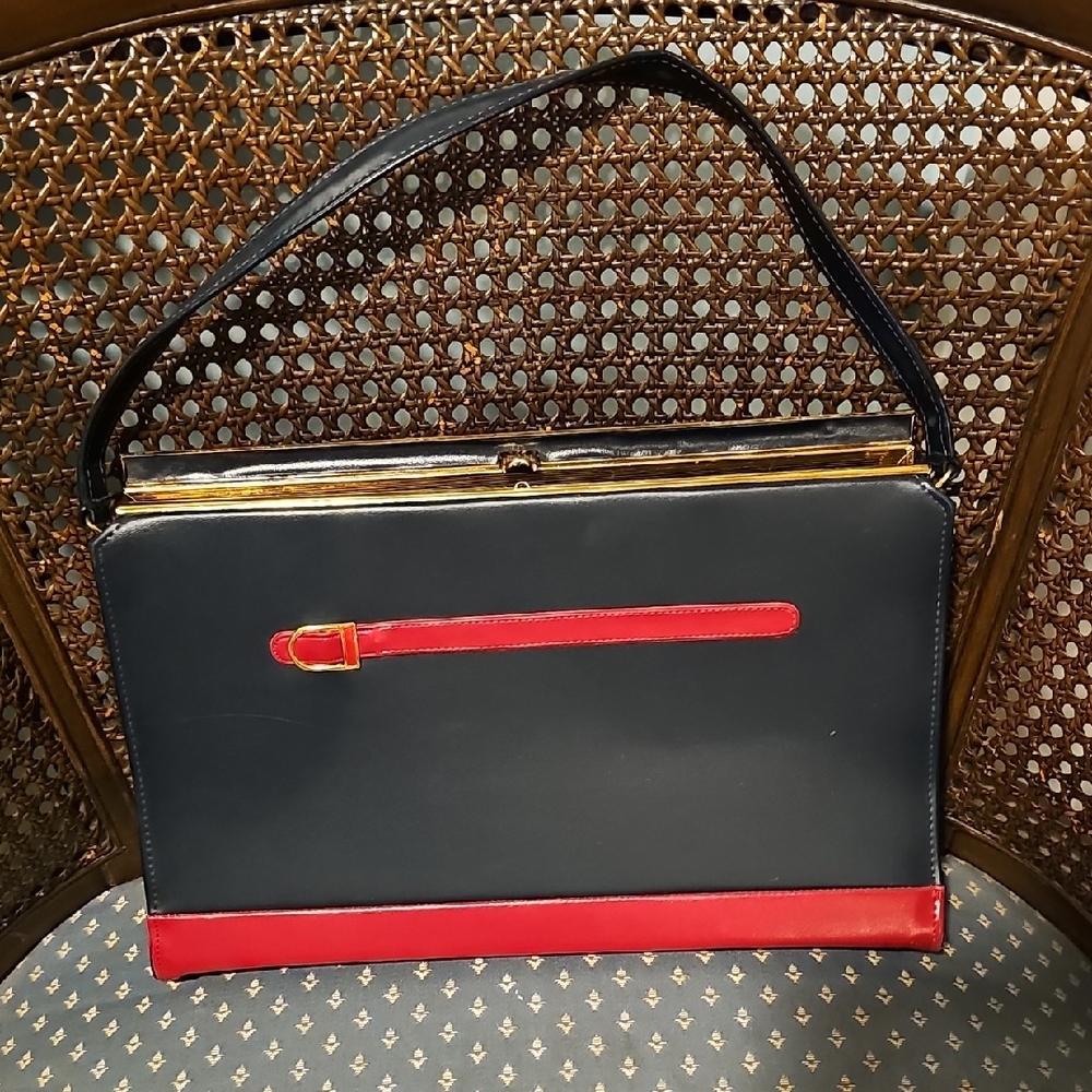 VINTAGE RARE Air Step Elegant Blue Red Women's Handbag Purse 50s Mid Century
